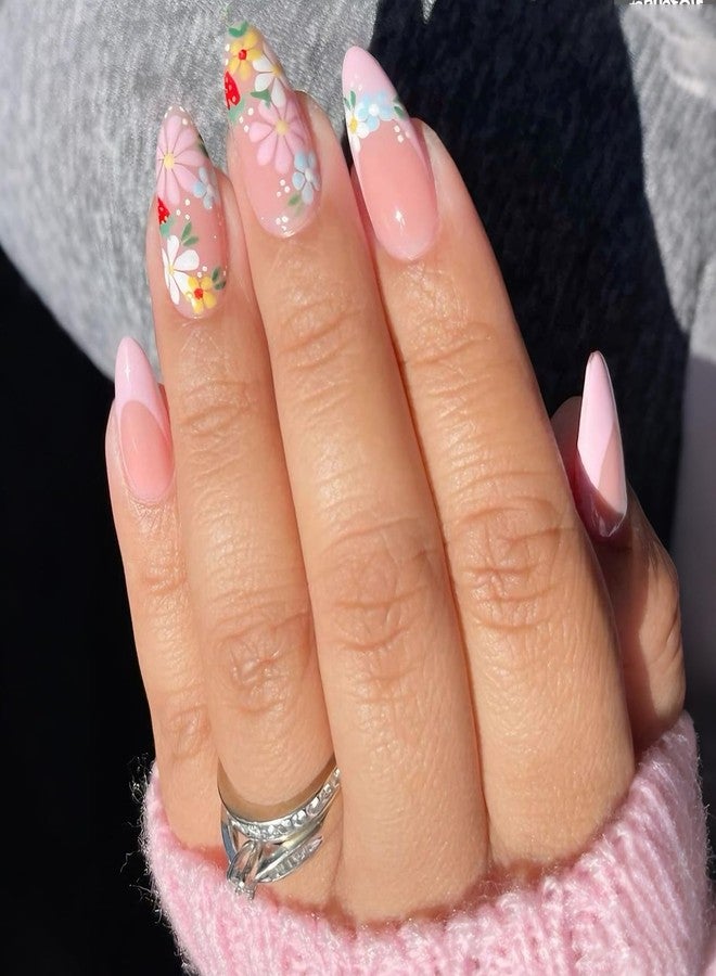SEMATA Pink French Press on Nails Almond Medium Nude Spring Summer Acrylic False Fake Nails Press ons Flower with Floral Design Fake Nail 24Pcs Reusable Stick on Nail for Women - Image 3